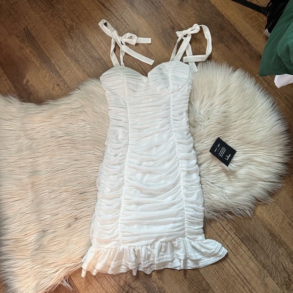 LULU’S Darling Deets White Ruched Mesh Tie Strap Bodycon Mini Dress - Picture 3 of 5